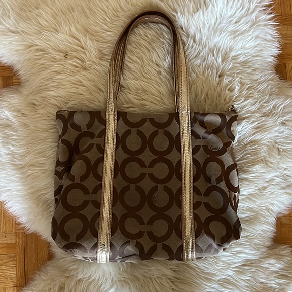 Coach Poppy Op Art Glam Tote Bag Shoulder Bag Tan Gold Beige - Picture 2 of 13